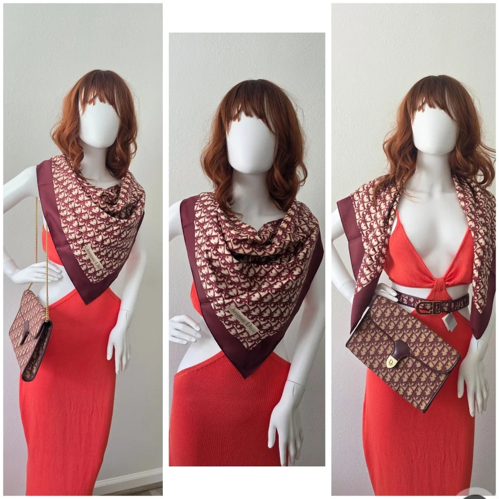 Auth Dior Oblique Trotter Bordeaux Silk Scarf